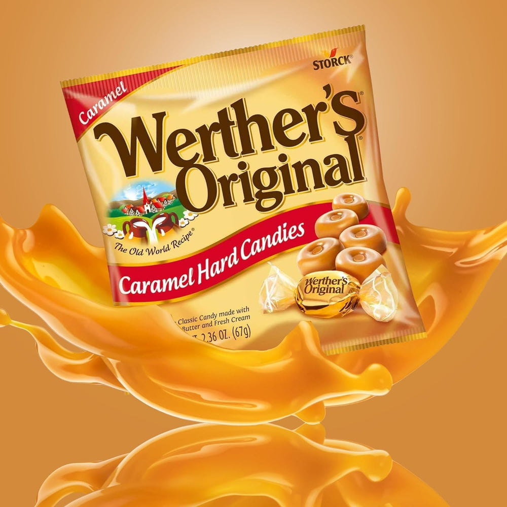 Creamy butter and fresh cream caramel texture in Werther's hard candy close-up.