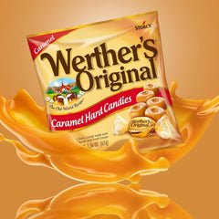 Creamy butter and fresh cream caramel texture in Werther's hard candy close-up.