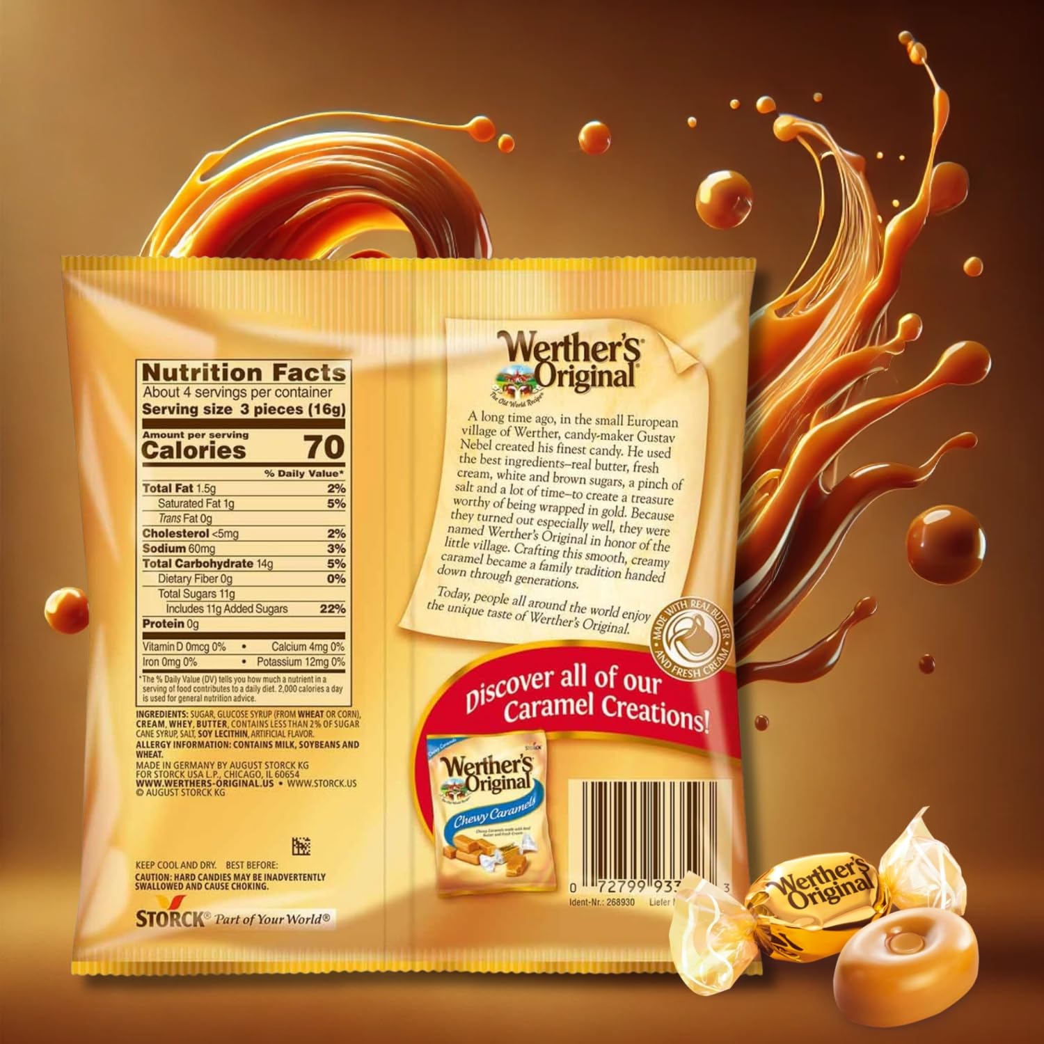 Individually wrapped Werther's caramel for mess-free on-the-go snacking.