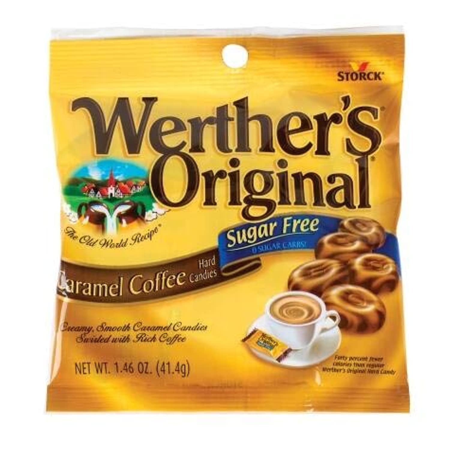 Werther's Original Coffee Caramel sugar-free candies bag front shows premium flavor without sugar.