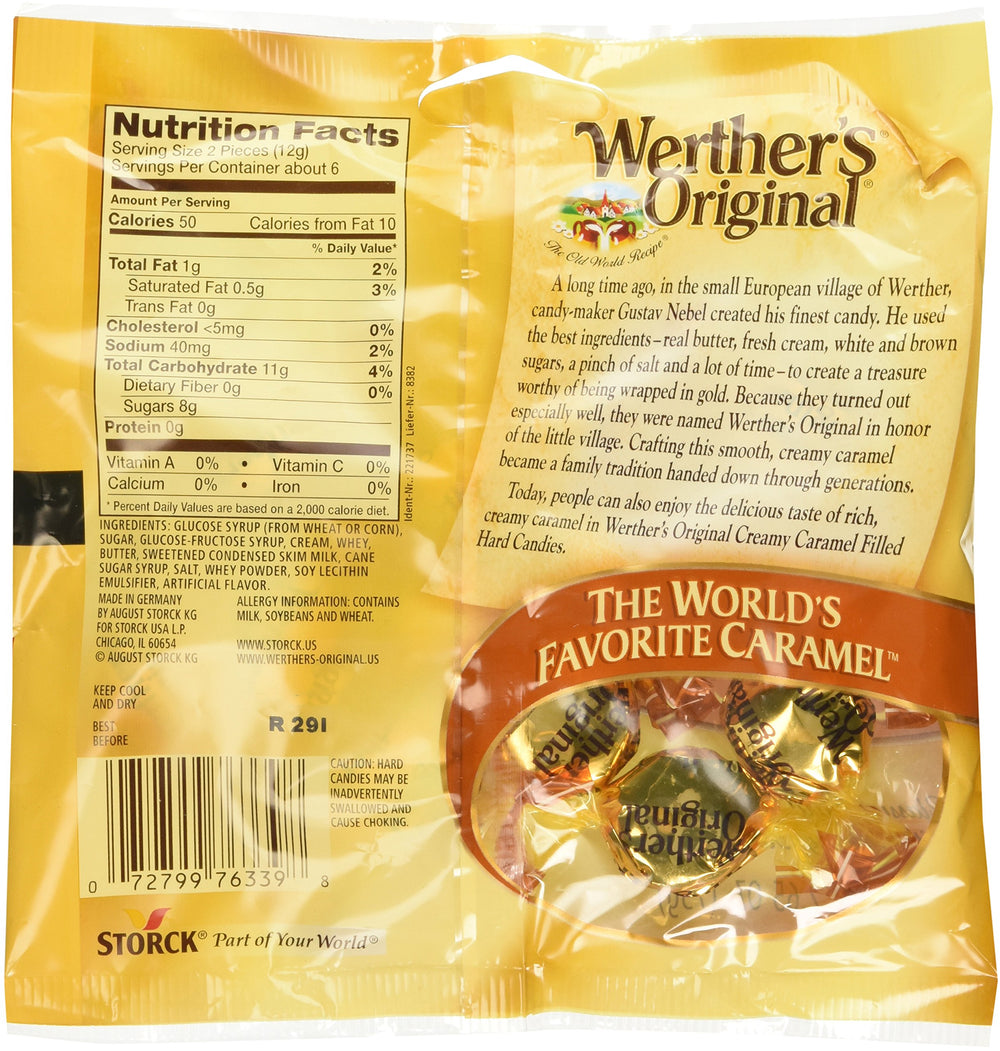 Creamy caramel center shines in Werther's Original hard candy, melt-in-your-mouth texture.