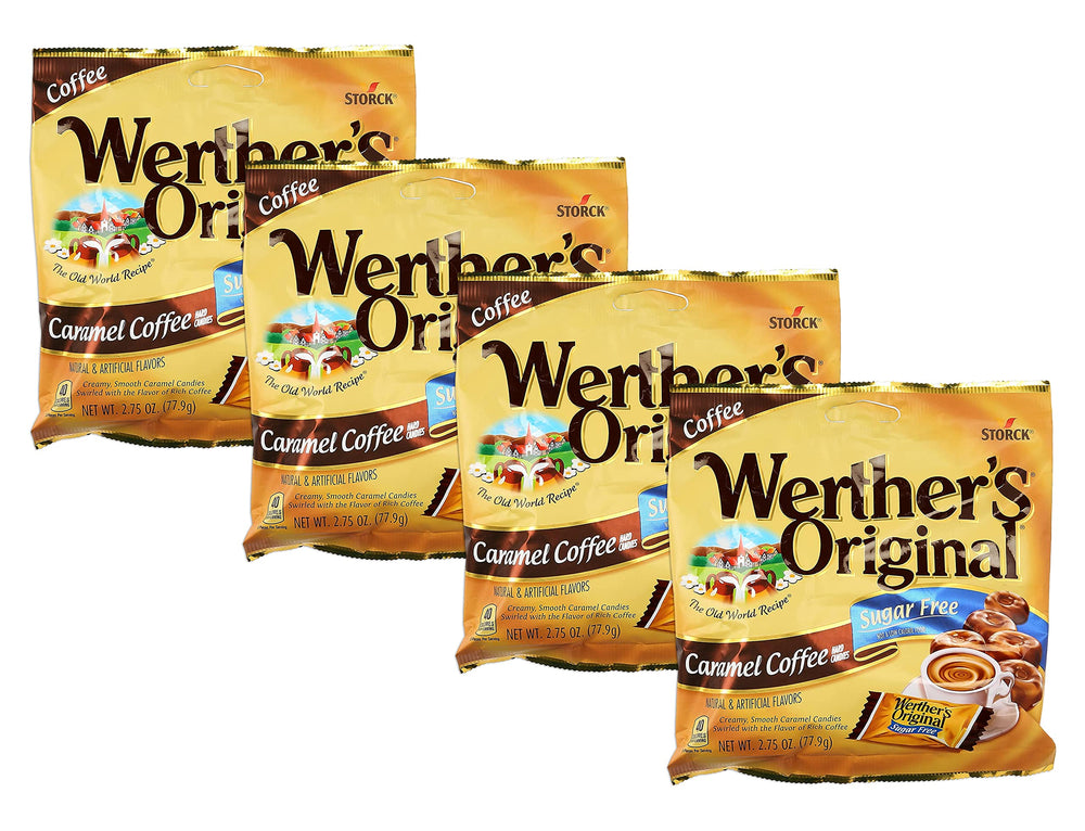 Werther's Original caramel coffee sugar-free hard candy packaging for on-the-go sweetness.
