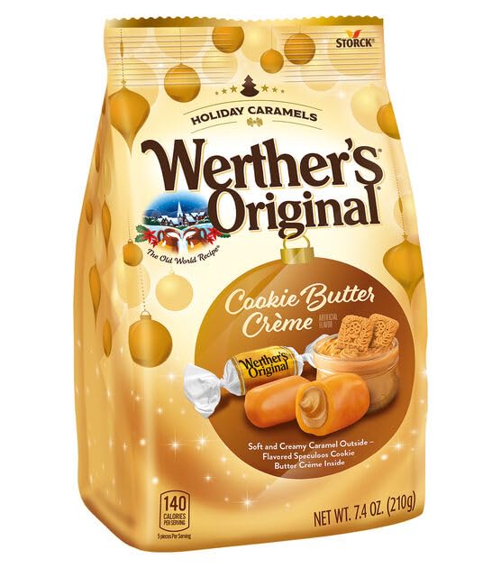 Werther's Original Holiday Caramels Cookie Butter Creme packaging showcases festive gifting appeal.