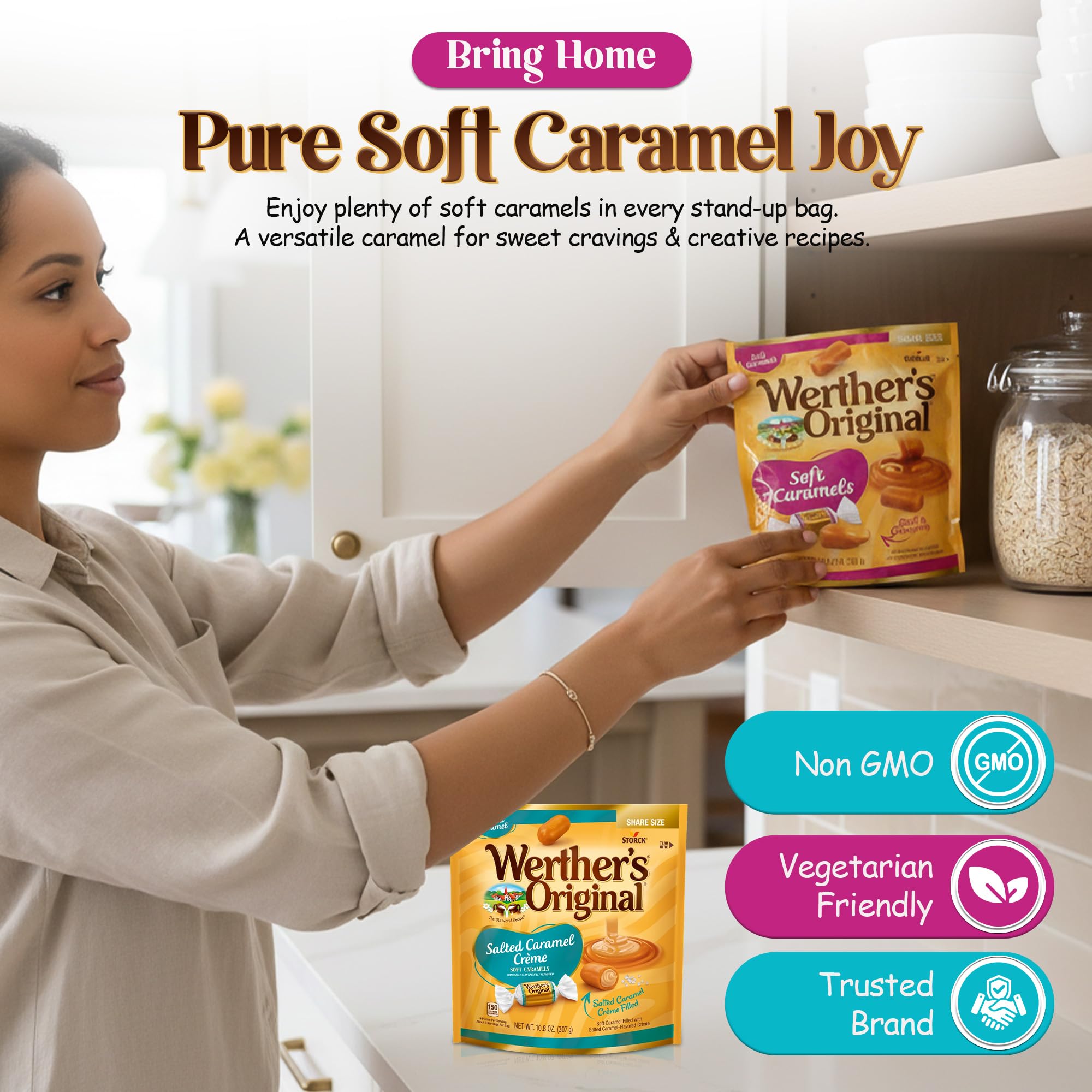 Silky, chewy texture with rich toffee notes in Werther's caramel