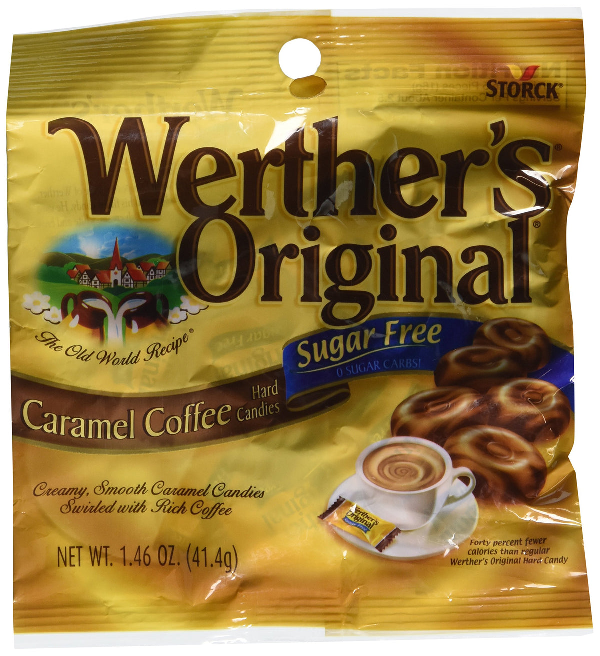 Werther's Original sugar-free caramel coffee hard candies, 3-pack, satisfy caramel and coffee notes.