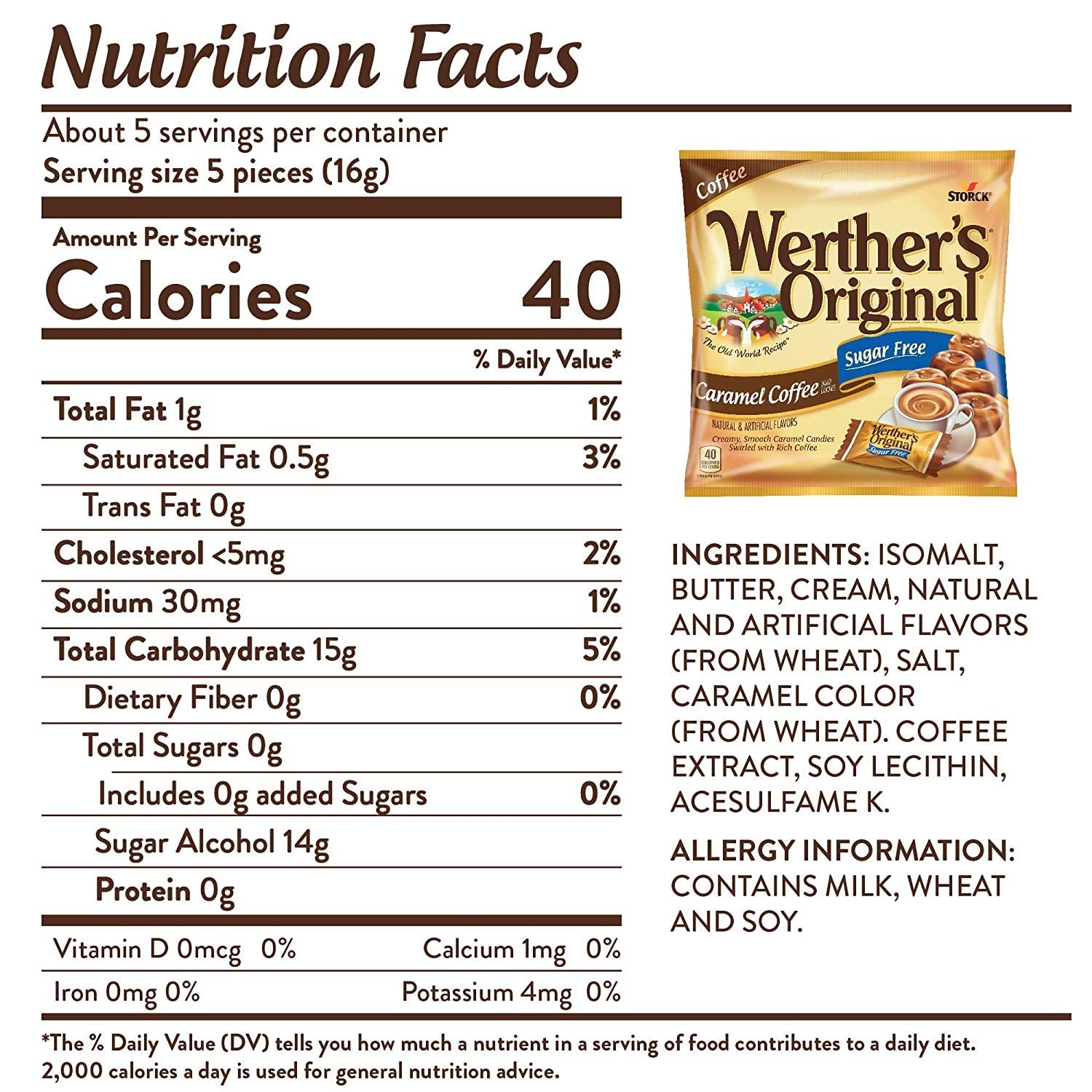 Individually wrapped Werther's Original sugar-free caramel coffee candies for freshness.