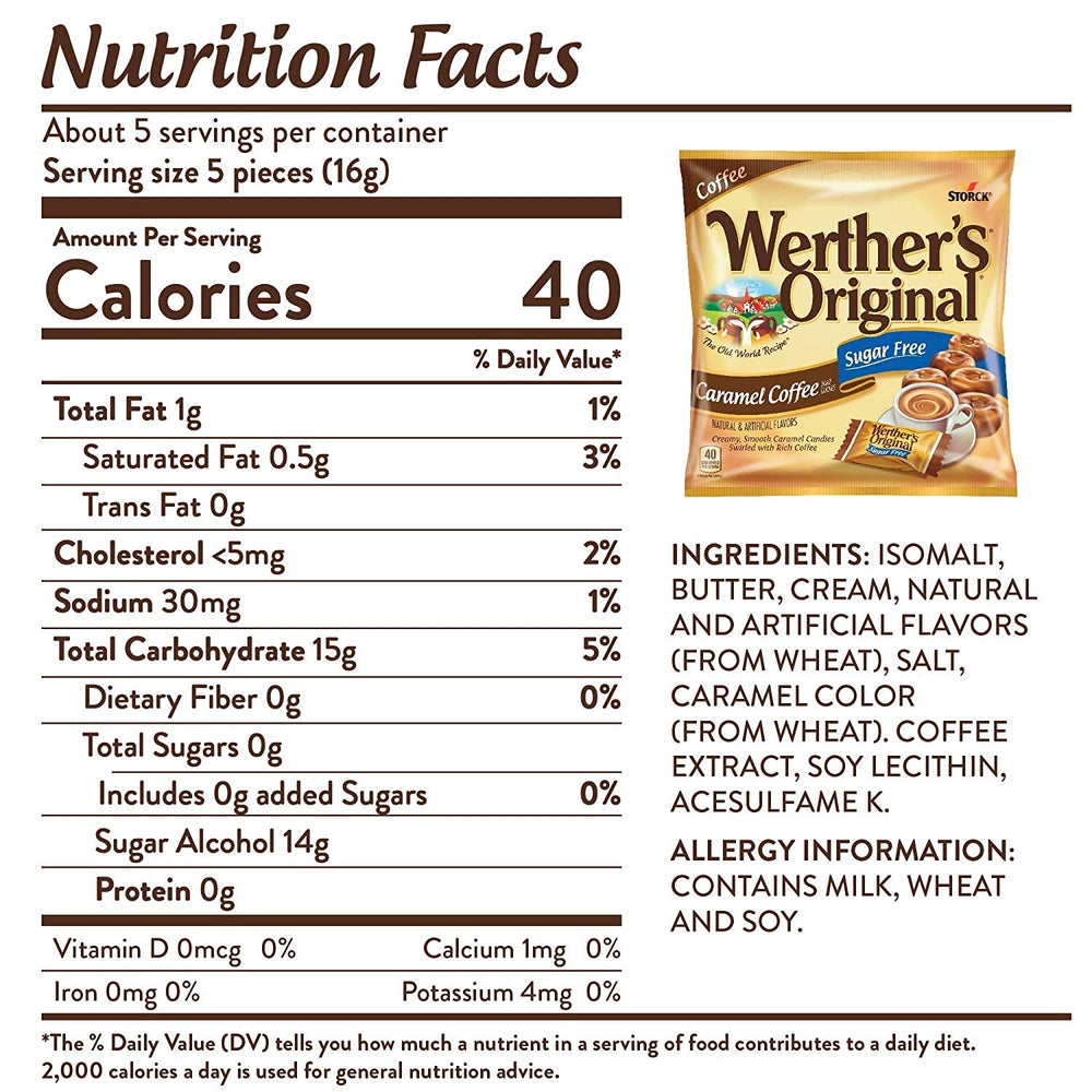 Individually wrapped Werther's Original sugar-free caramel coffee candies for freshness.