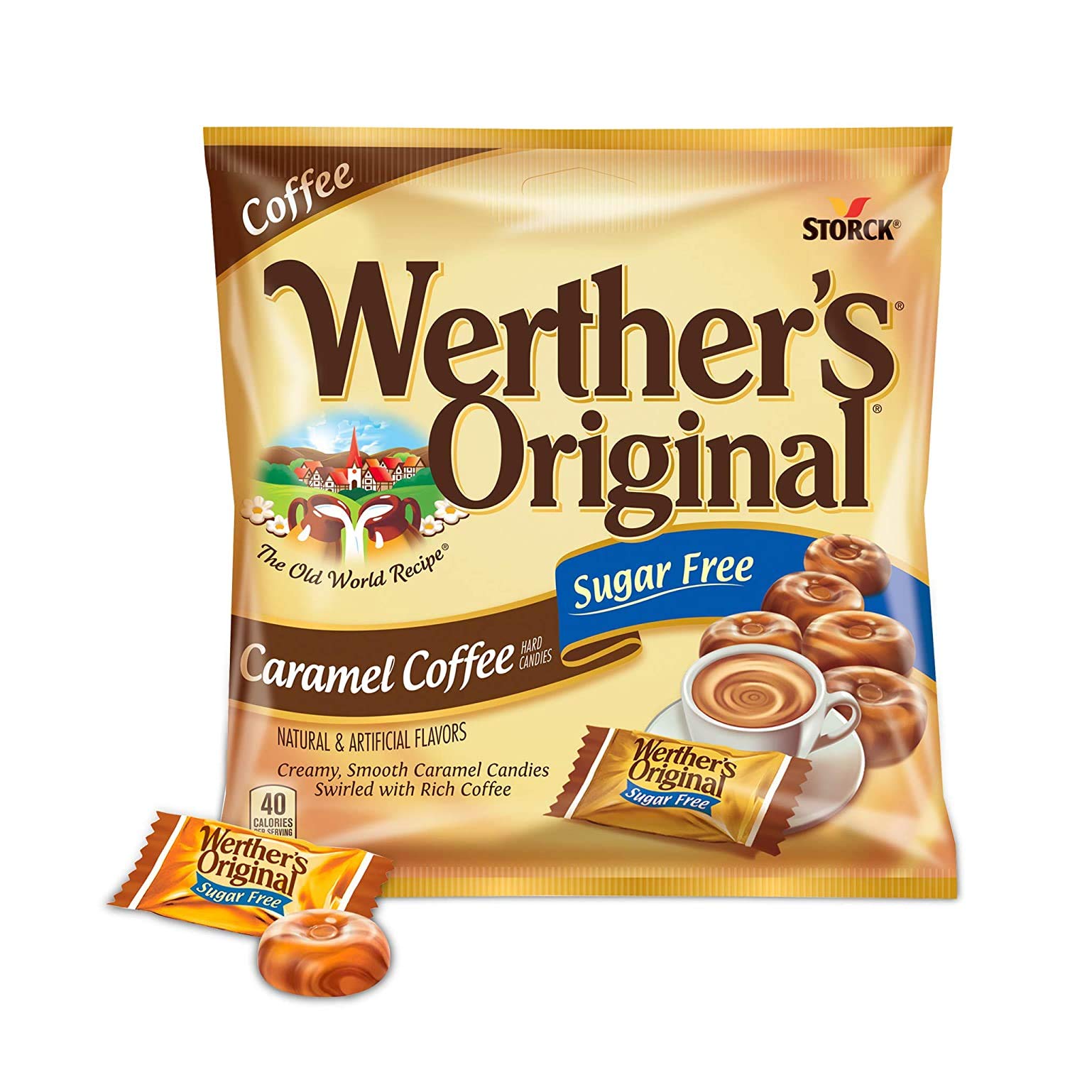 Werther's Original sugar-free caramel coffee candies, pack of 3, convenient for on-the-go snacking.