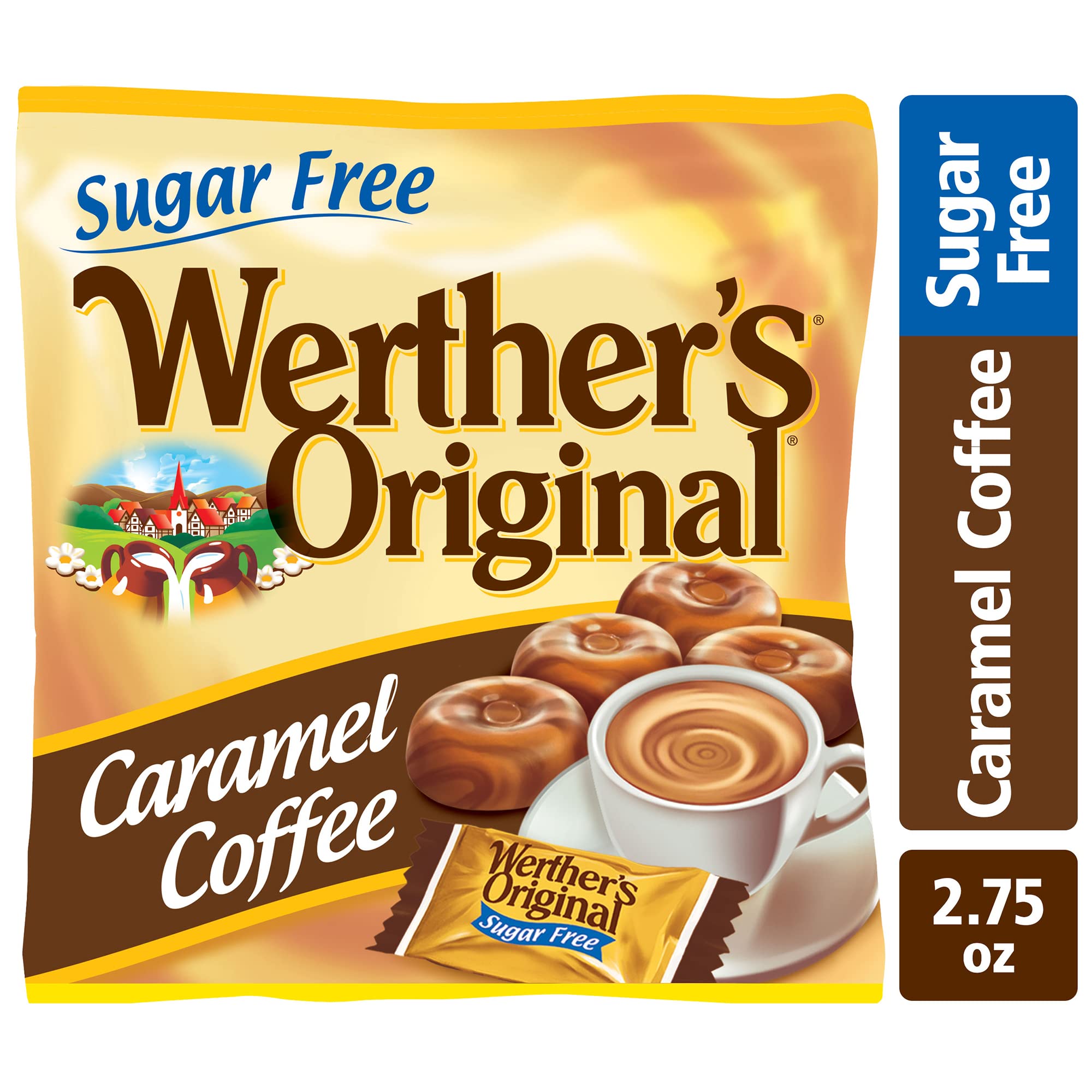 Pack of Werther's Original sugar-free caramel coffee candies on a table