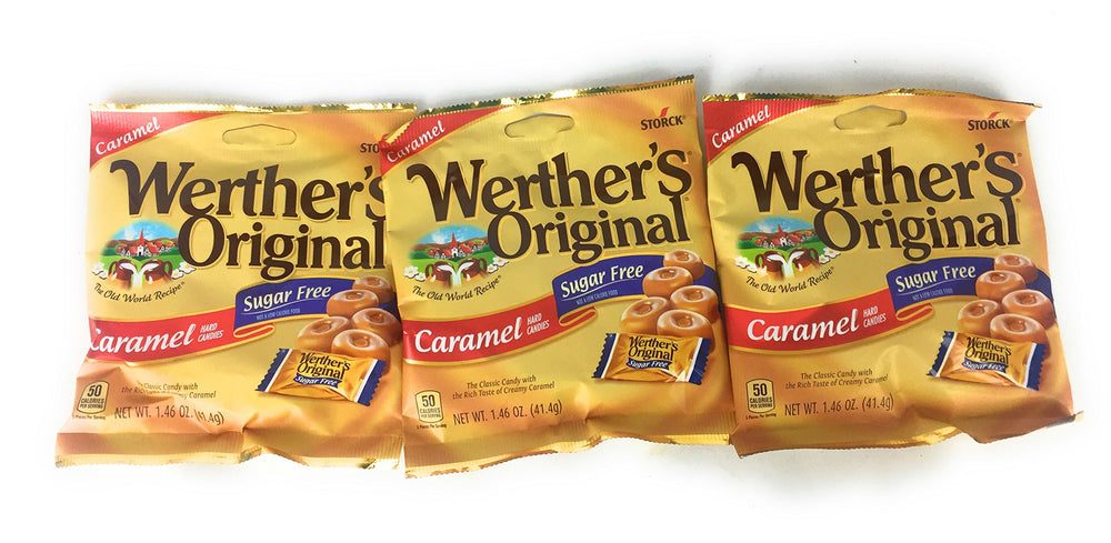 Werther's Original sugar-free caramel hard candies, pack-front, ideal on-the-go treat with sugar-free caramel flavor.