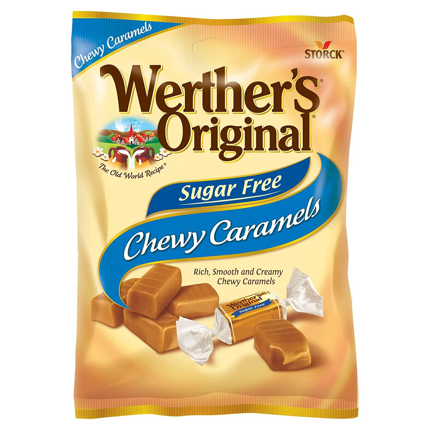 Werther's Original sugar-free caramels close-up highlighting soft, melt-in-your-mouth texture.