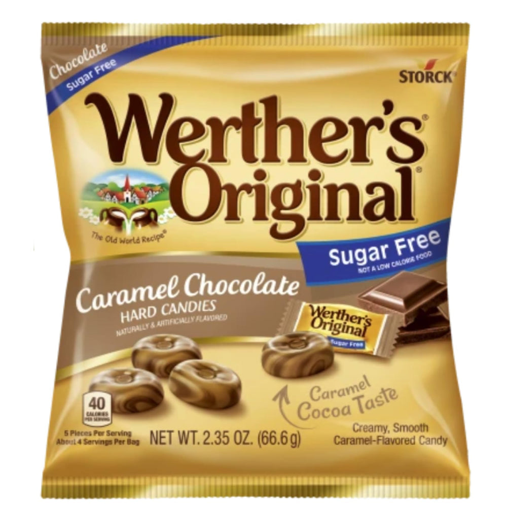 Chewy caramels in bag emphasize chewy texture and sugar-free choice.