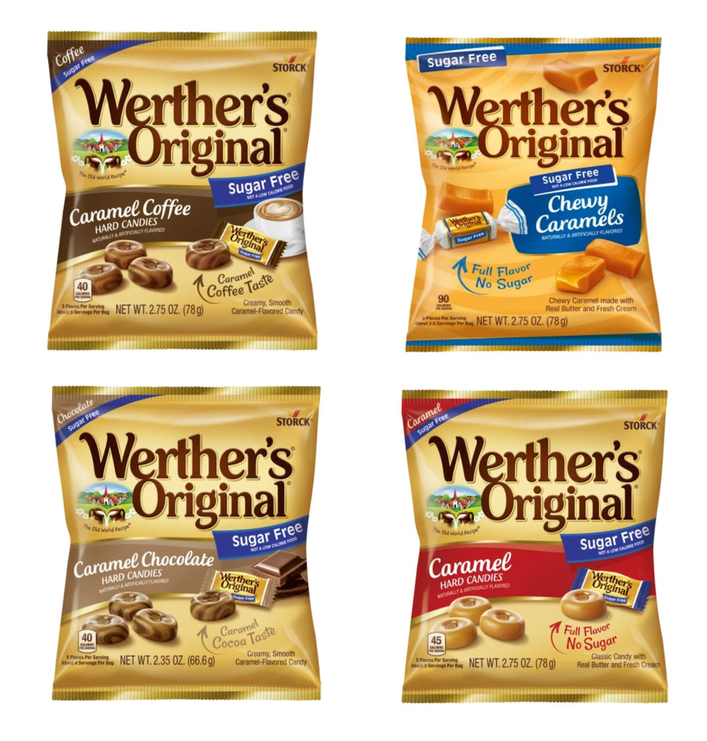 Werther's Original sugar-free variety pack on display, four flavors for convenient, guilt-free indulgence.