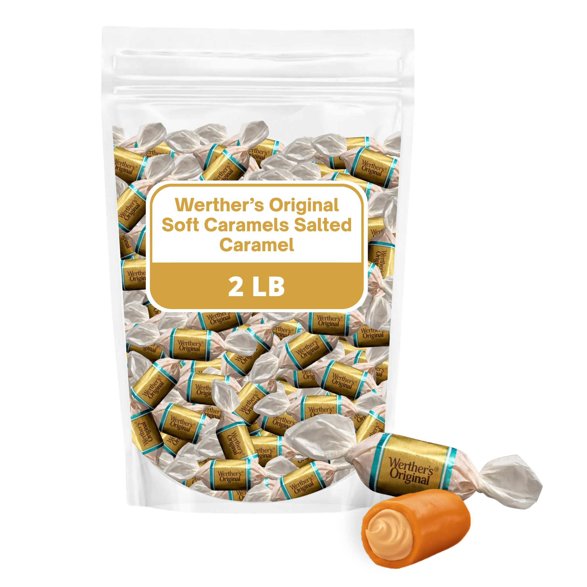 Werther's Soft Salted Caramel bag front view, great gift-ready treat.