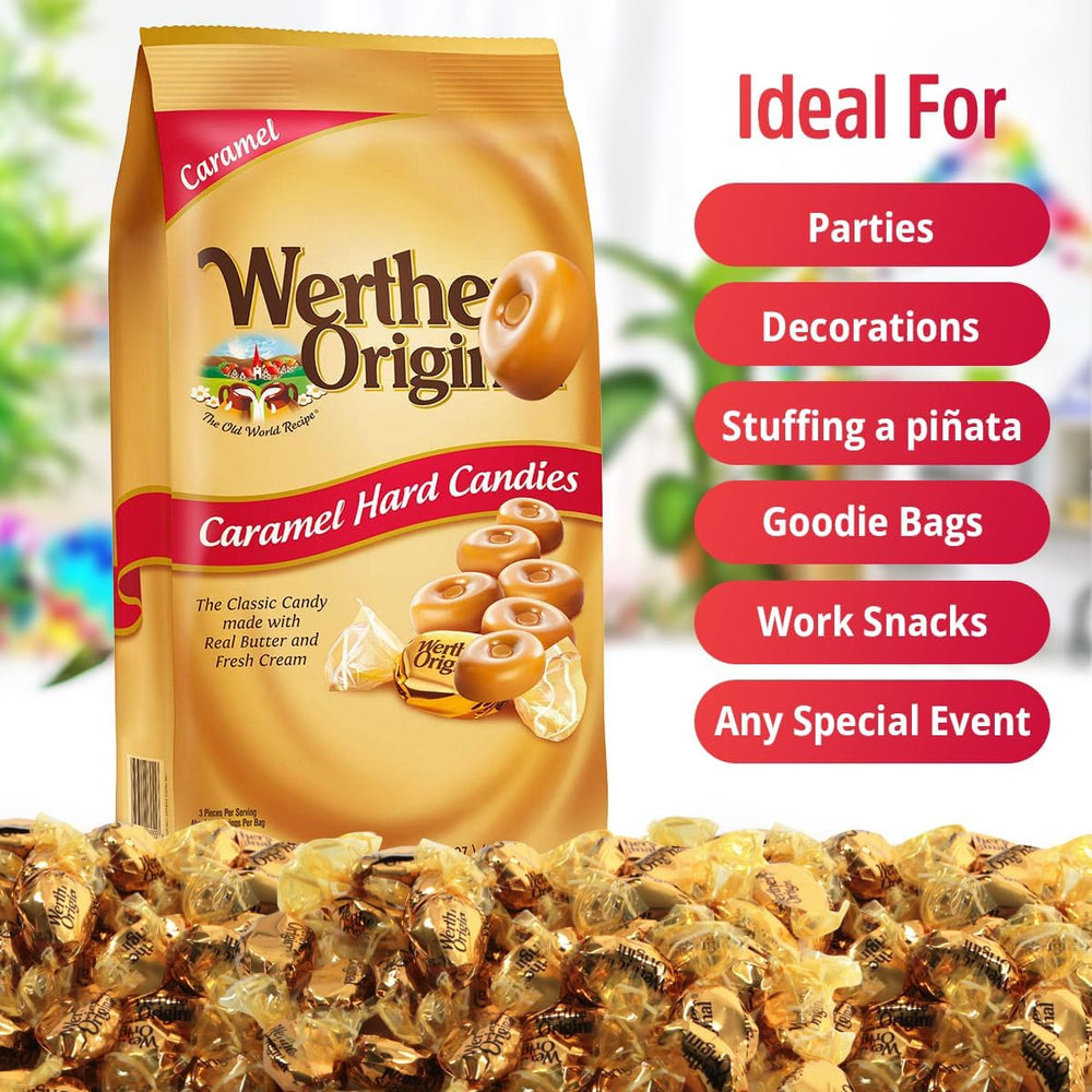 Werthrs Original Caramel Hard Candies creaminess closeup highlighting rich buttery flavor.