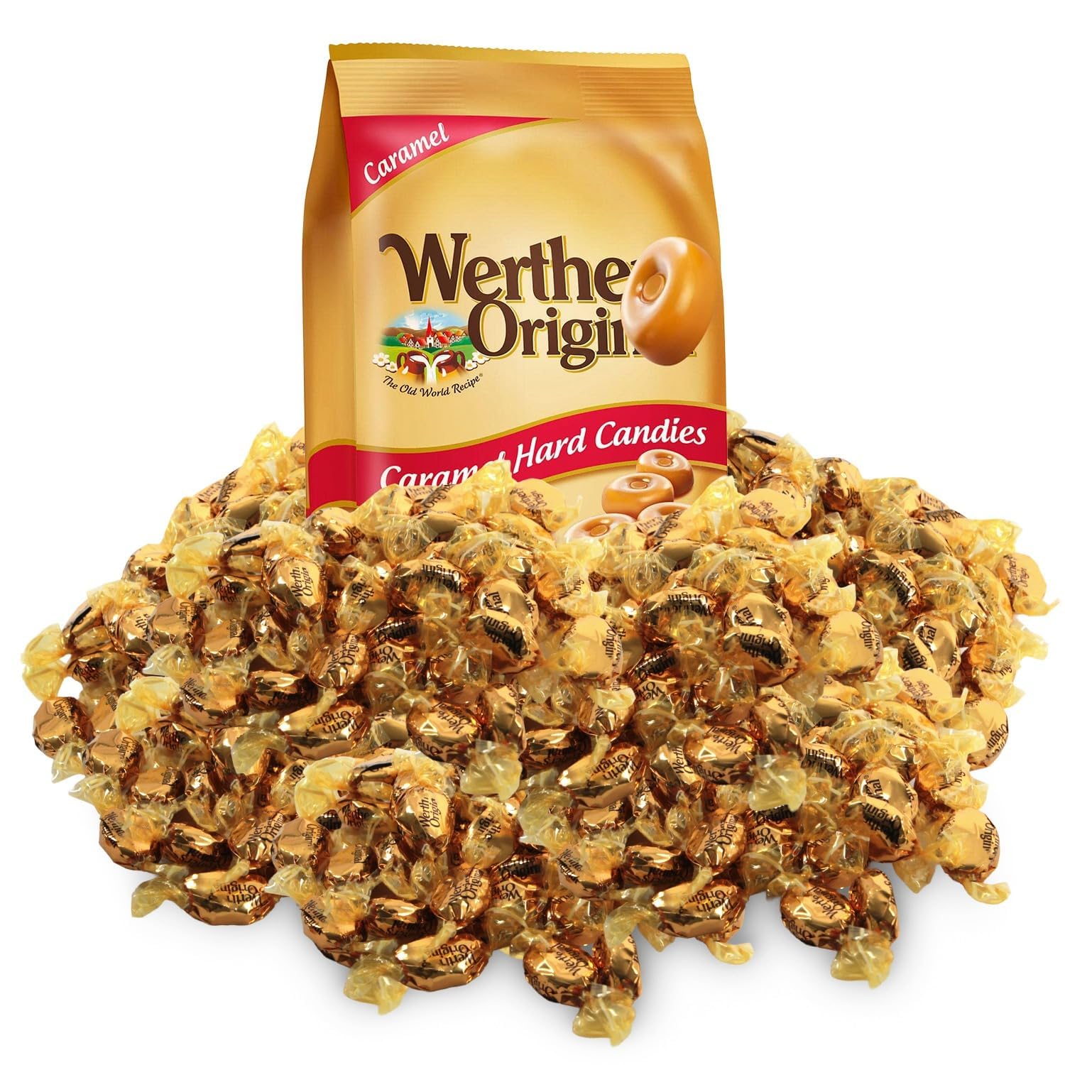 Werthrs Original Caramel Hard Candies unwrapped piece showing glossy center.