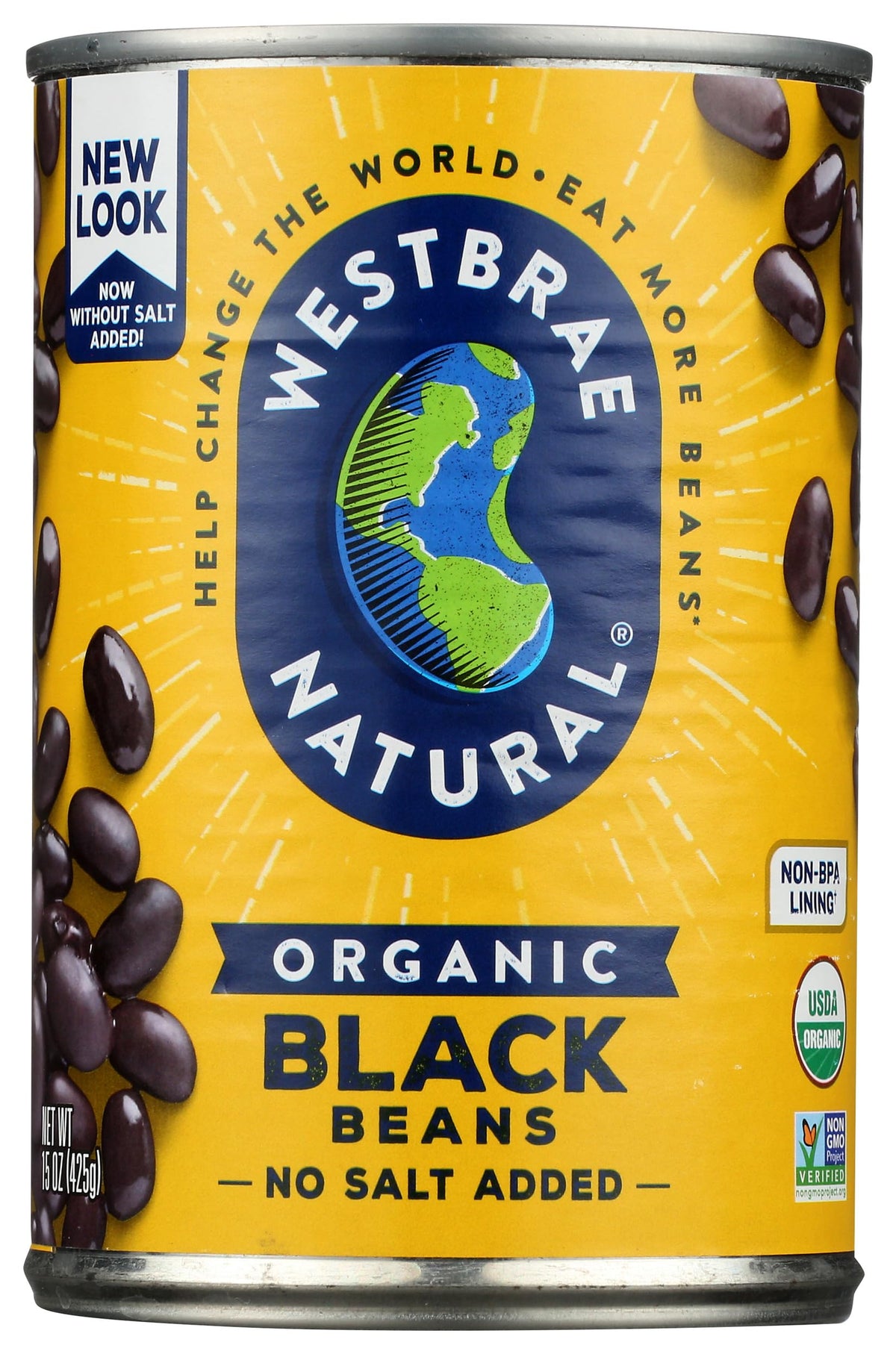 Westbrae Natural black beans can close-up showing organic, ready-to-use convenience.