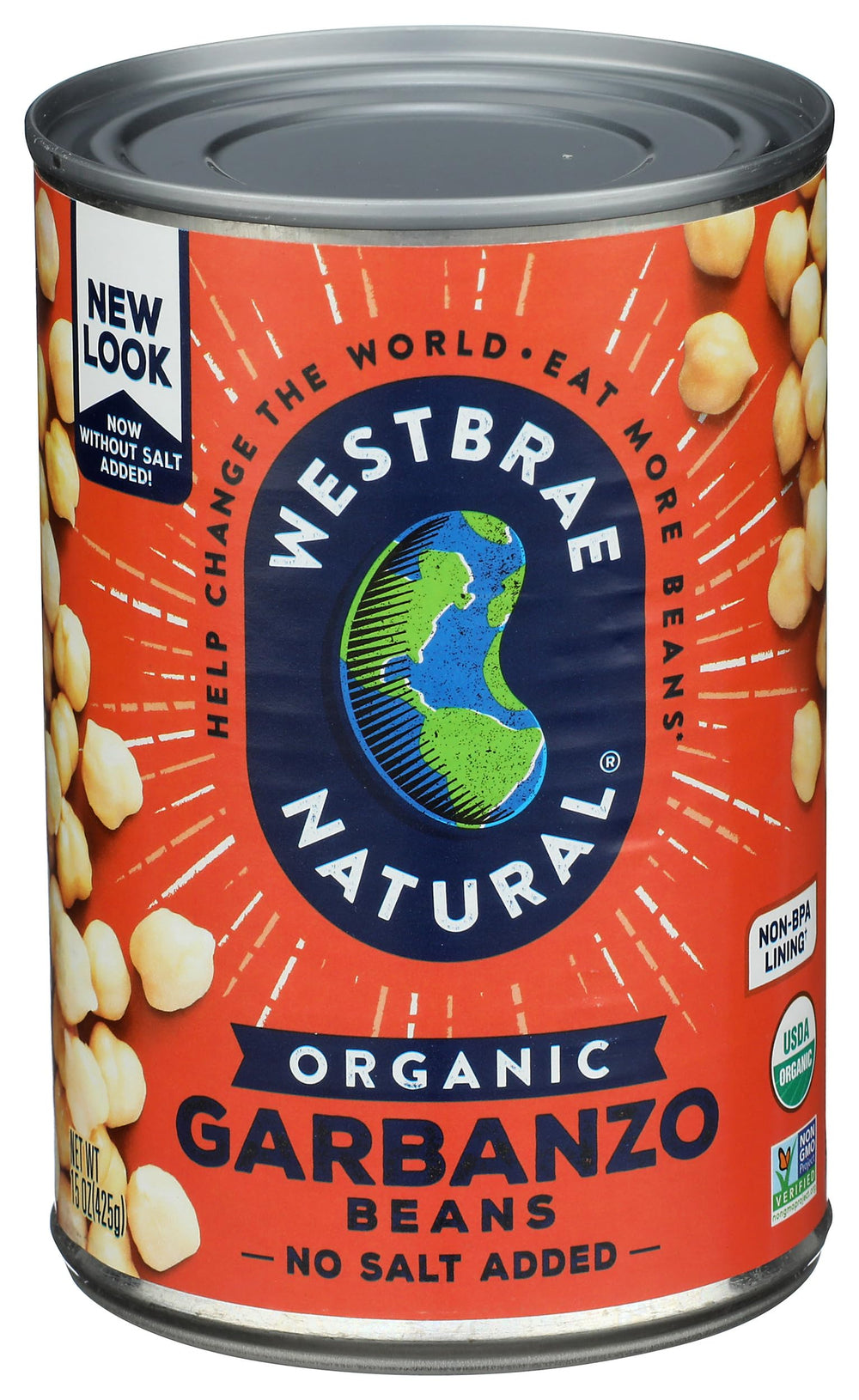Westbrae Natural garbanzo beans can front, showcasing organic quality for quick meals