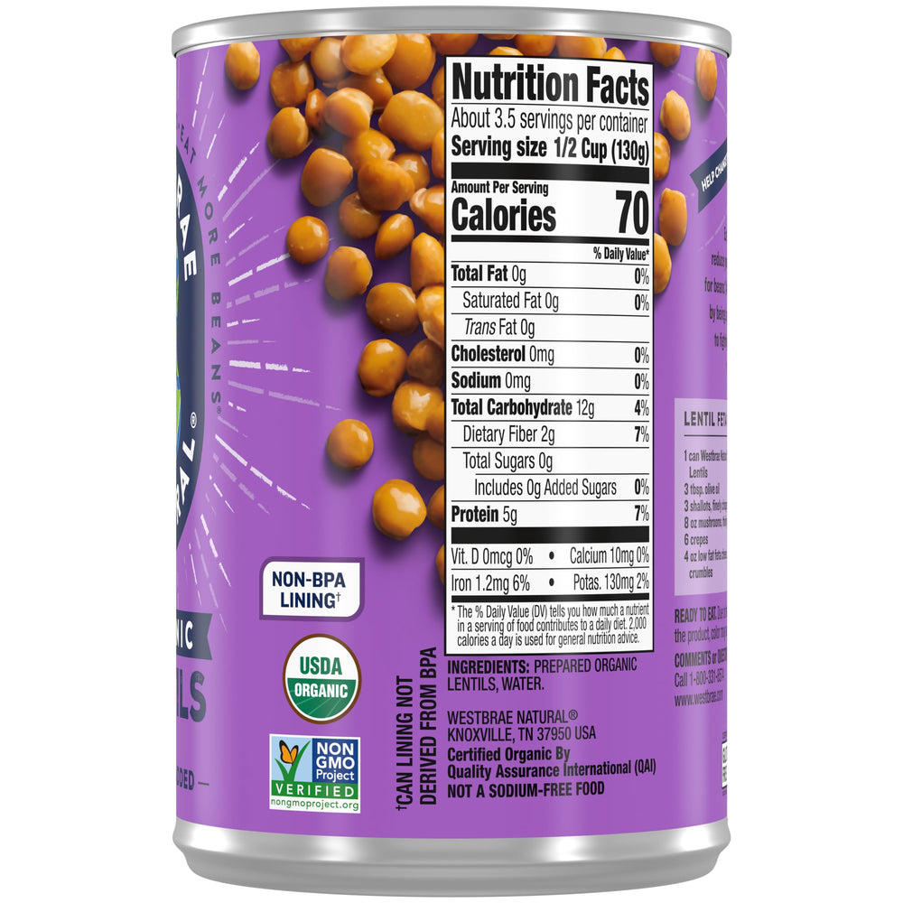 Westbrae Natural Lentils open can closeup shows ready-to-use source.