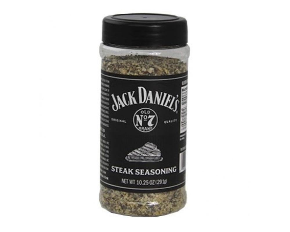 Western Jack Daniel's seasoning bottle close-up shows texture for seasoning steaks.