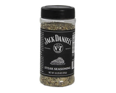 Western Jack Daniels Original Quality Steak Seasoning tub close-up highlights large flavorful granules.