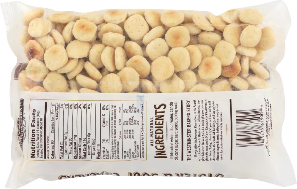 Westminster Bakers Co. oyster crackers close-up showing crisp texture.