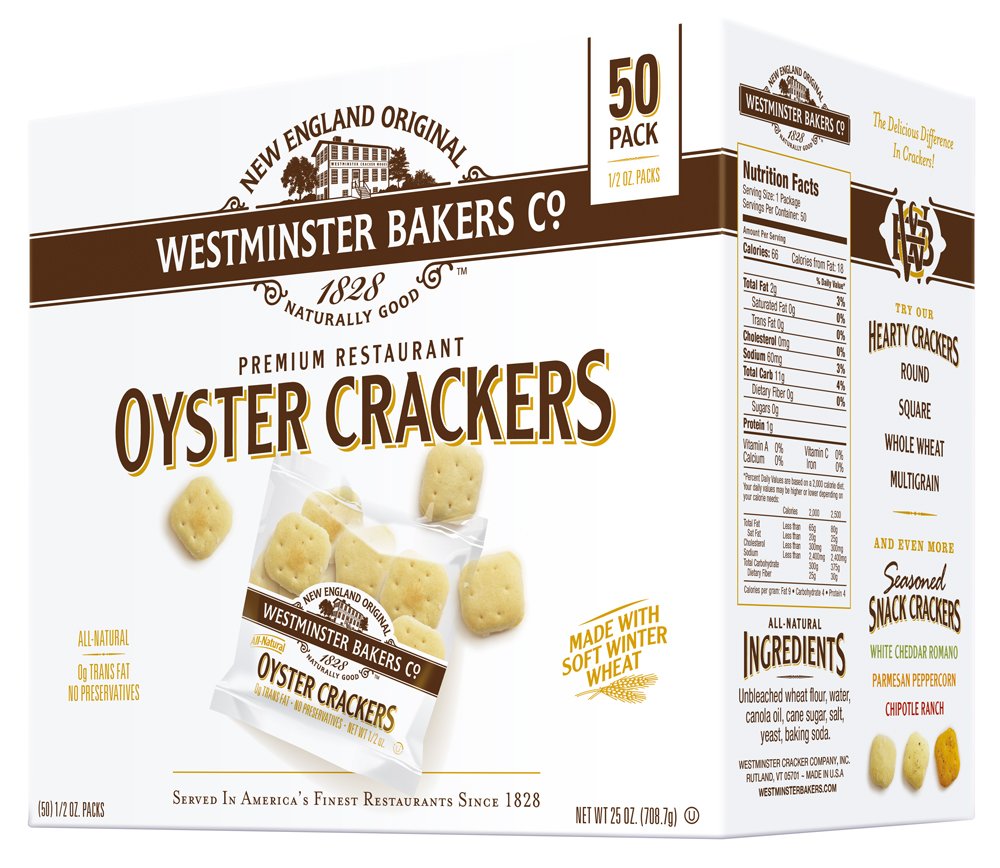 Westminster Bakers Company premium oyster crackers pack-front view for restaurant-quality snacking