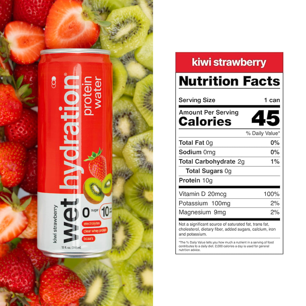 Wet Hydration Kiwi Strawberry can close-up showing zero sugar and protein