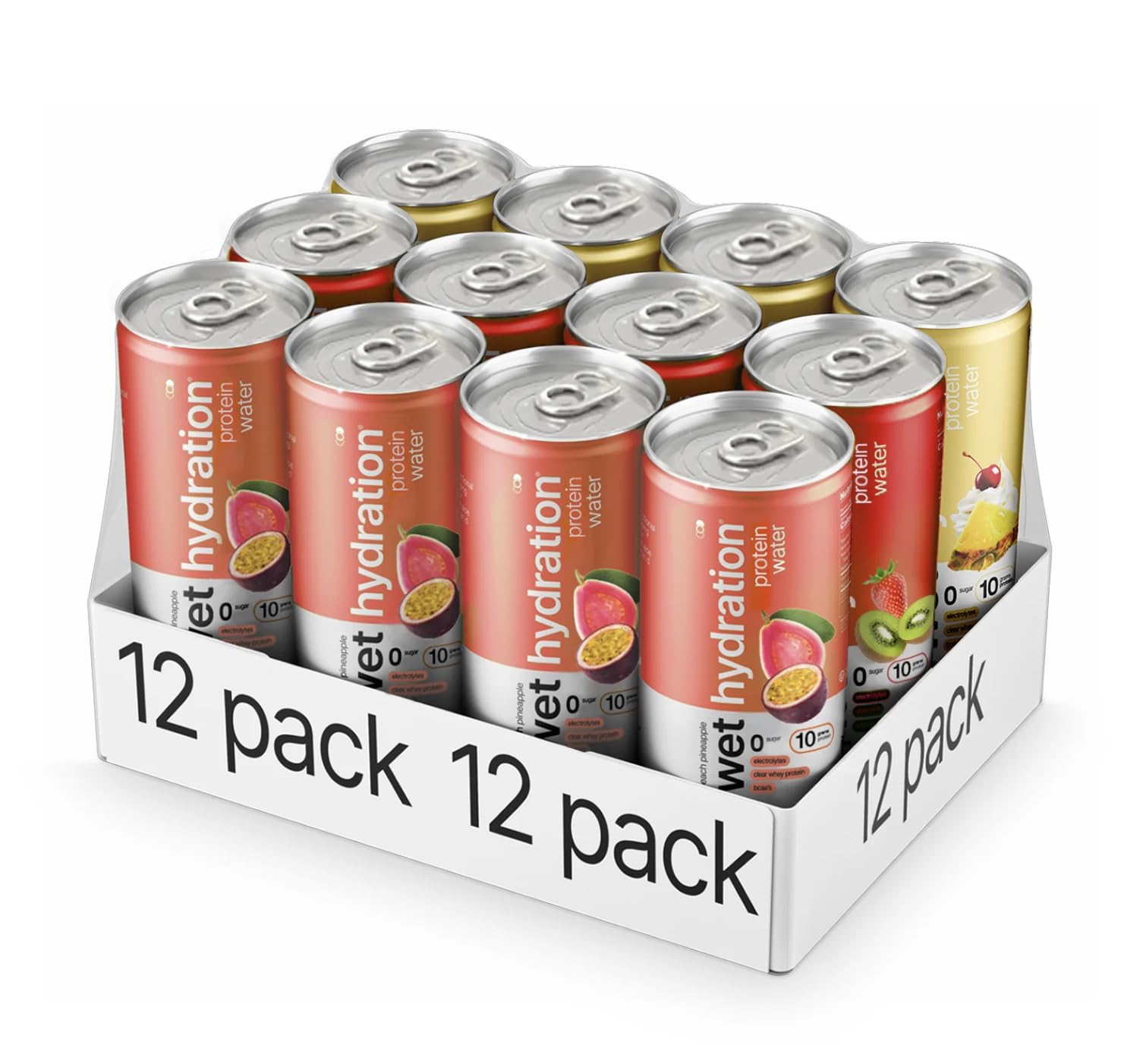Wet Hydration Protein Water pack display showcases convenient 12-pack.