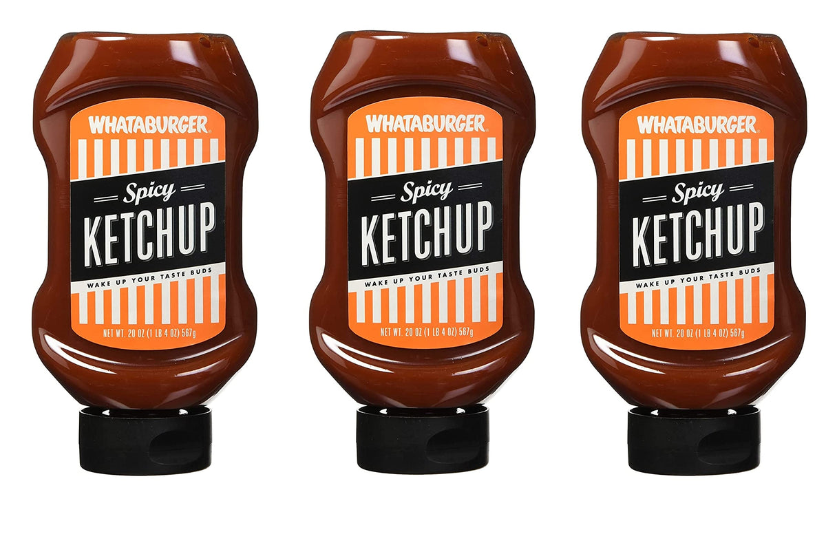 Whataburger spicy ketchup bottle front view, ready for burgers and fries.