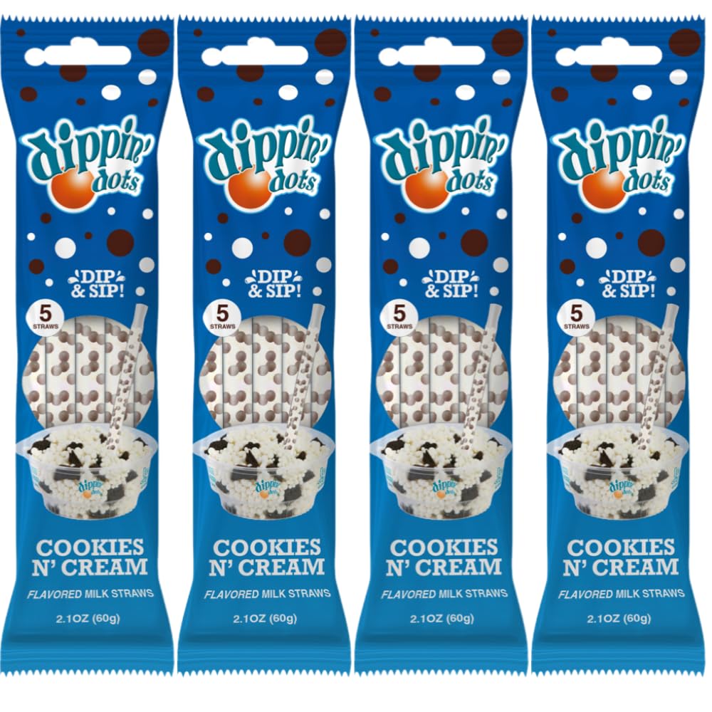 Whatever Brands USA Dippin’ Dots Cookies N’ Cream milk straws 4-pack, ideal for school lunches.