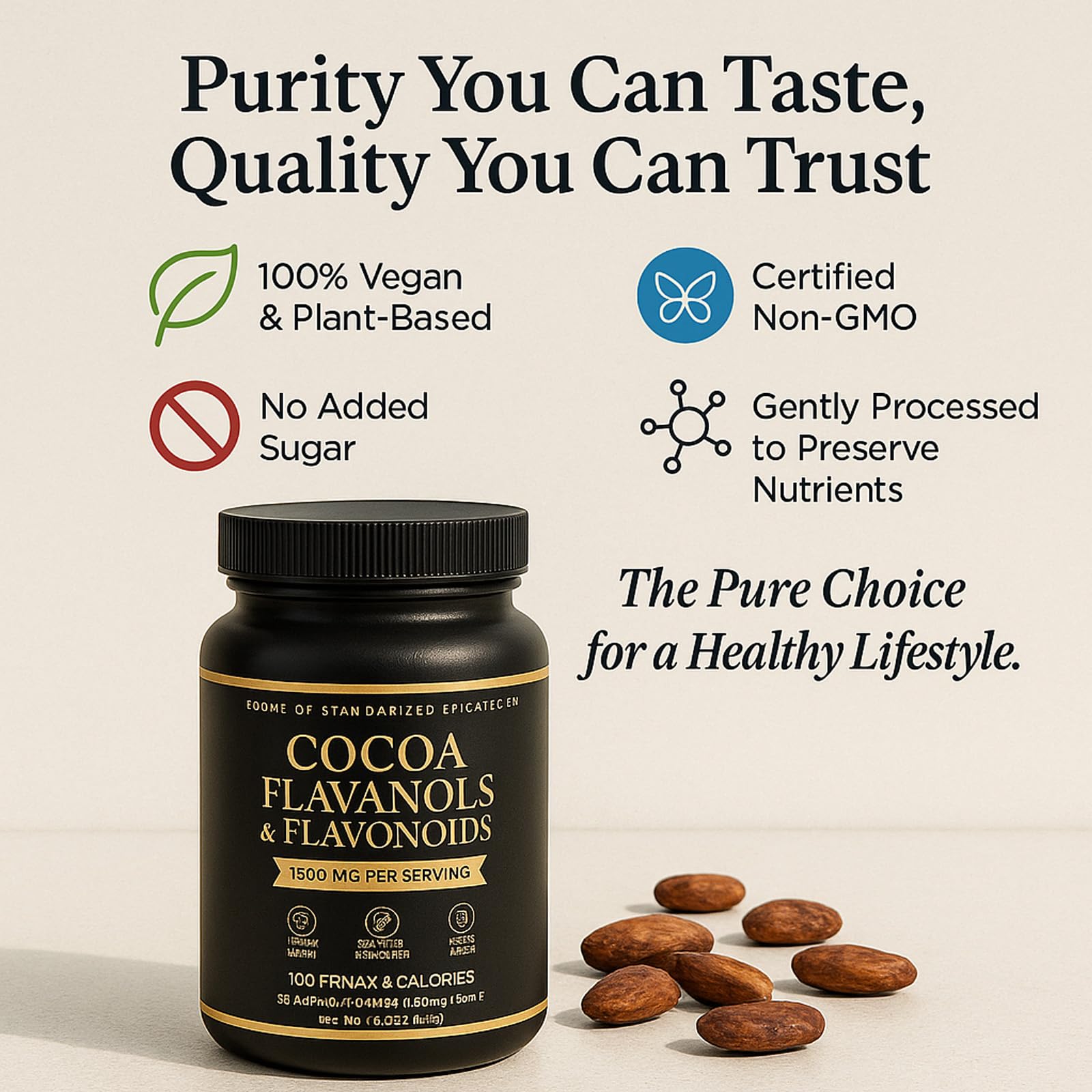 WHDEOW cocoa powder ingredient panel showcasing flavanol-rich formula.