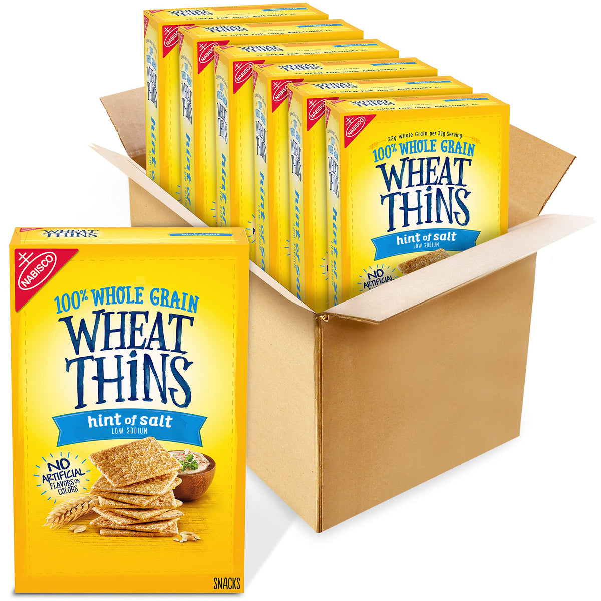 Wheat Thins Hint of Salt packaging shown, ideal for dipping.