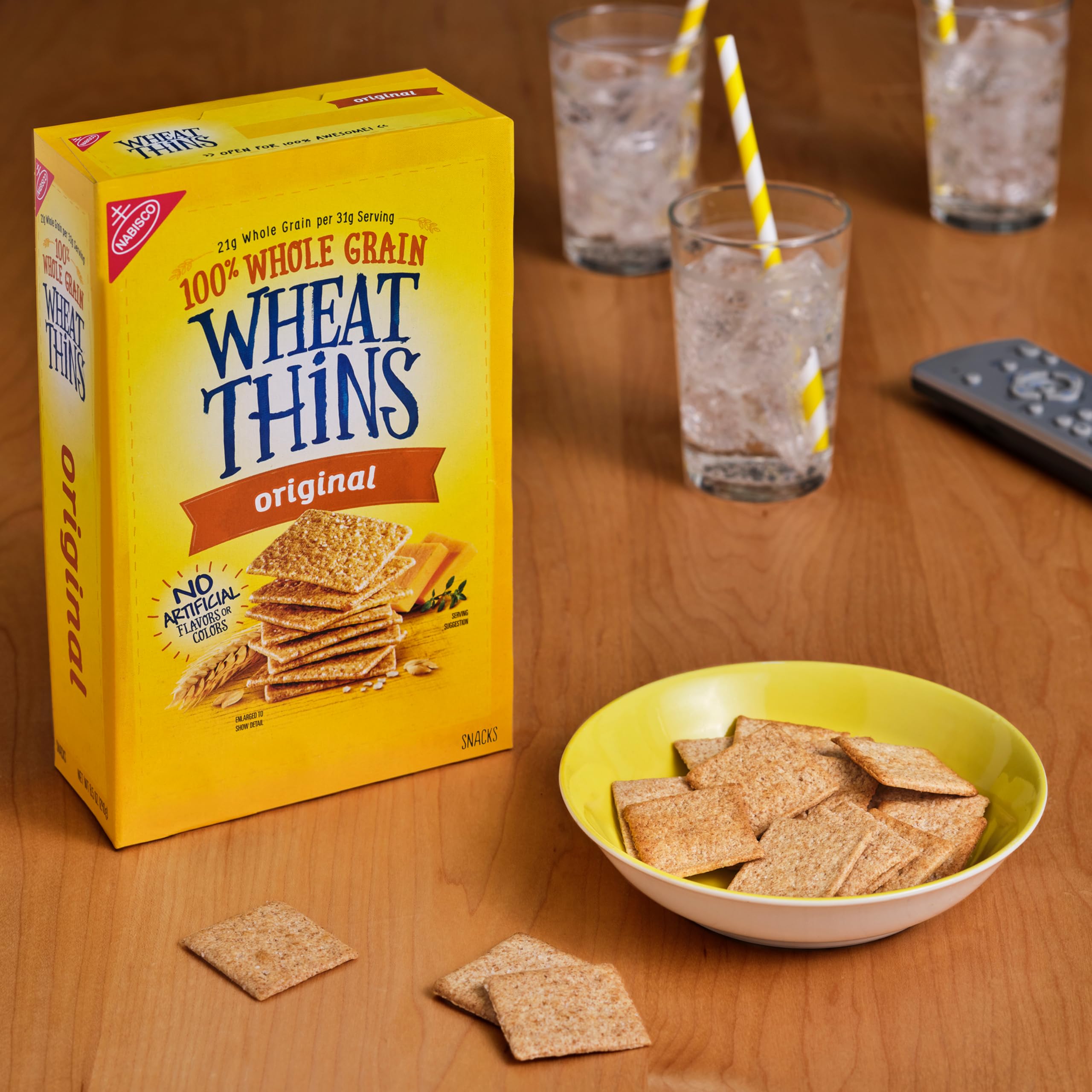 Bulk Wheat Thins Original pack displayed on a pantry shelf.