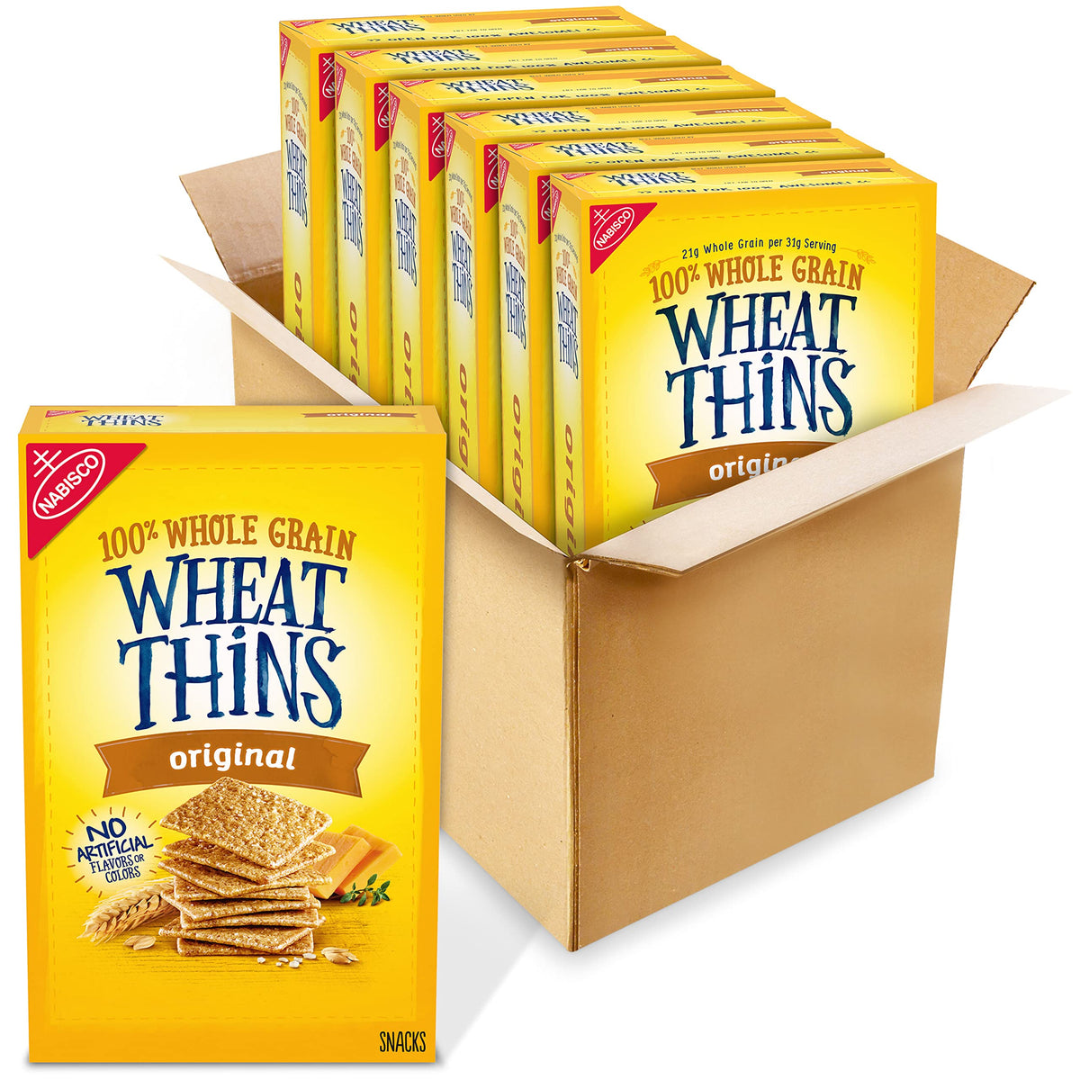 Wheat Thins Original bulk packaging boxes for six-pack convenience.