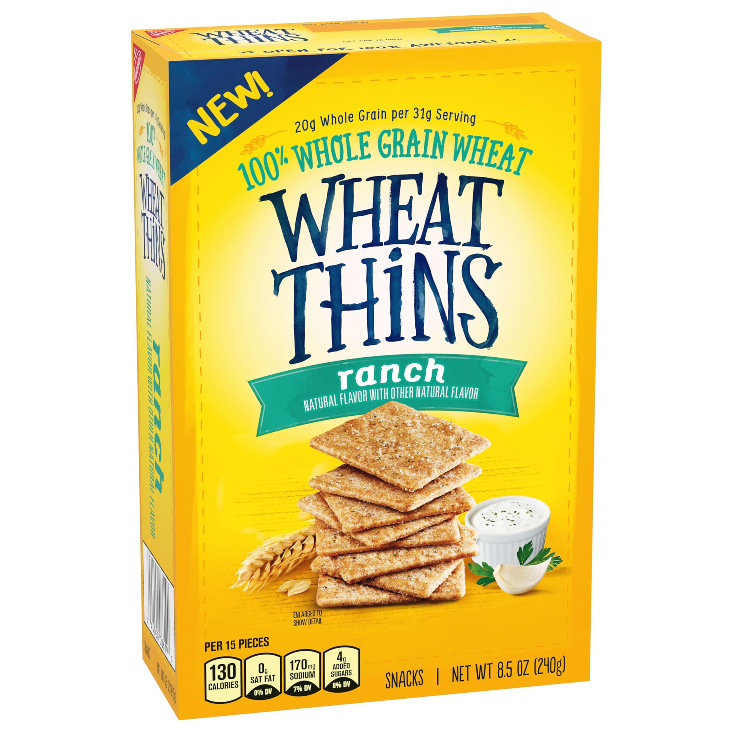 Wheat Thins Ranch Crackers nutrition label with whole grain detail