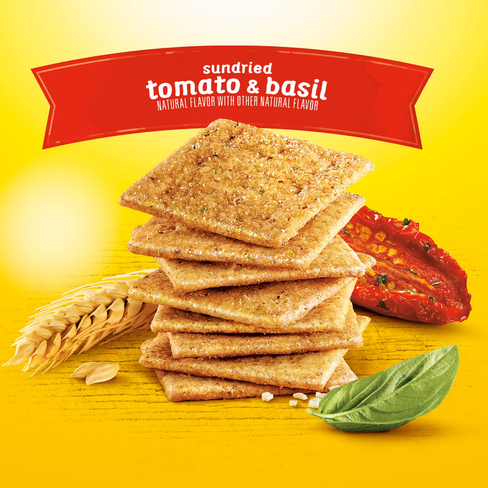 Wheat Thins Sundried Tomato & Basil paired with cheese and fruit.