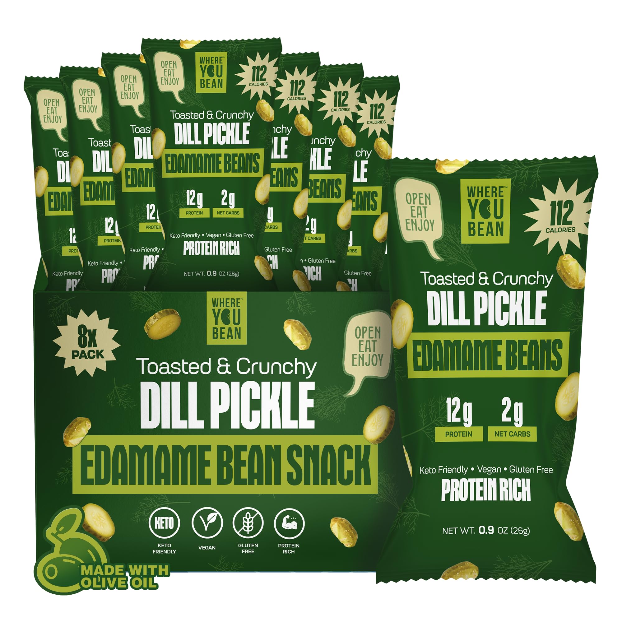 Where You Bean Edamame Dill Pickle bag showing crisp, protein-packed crunch