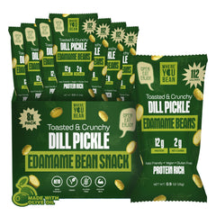 Where You Bean Edamame Dill Pickle bag showing crisp, protein-packed crunch
