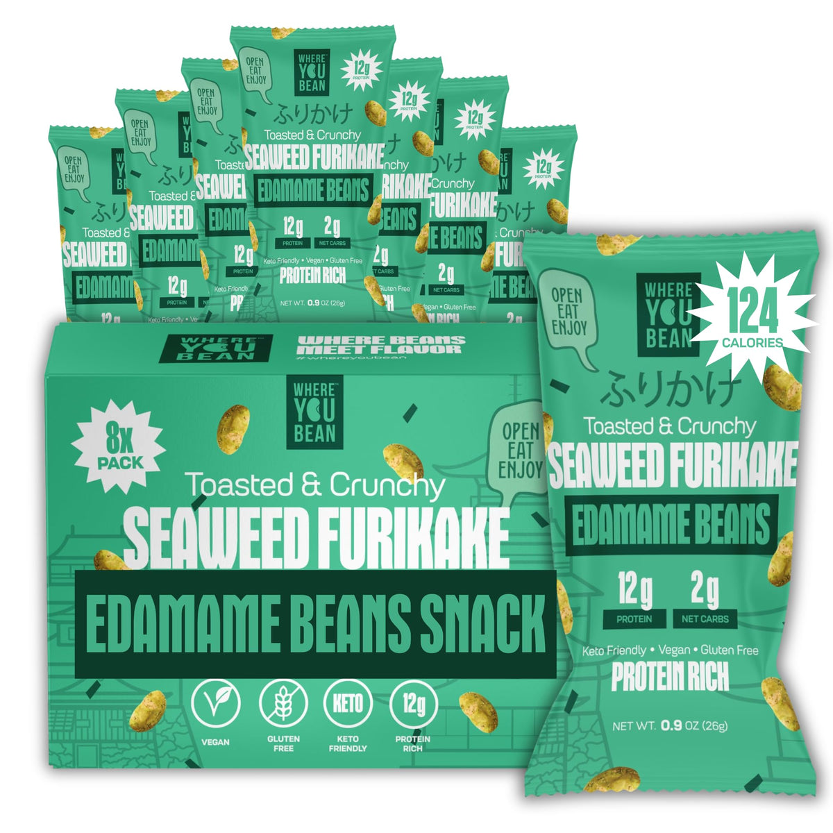 Where You Bean Edamame seaweed furikake snack 8-pack with bold flavor and protein