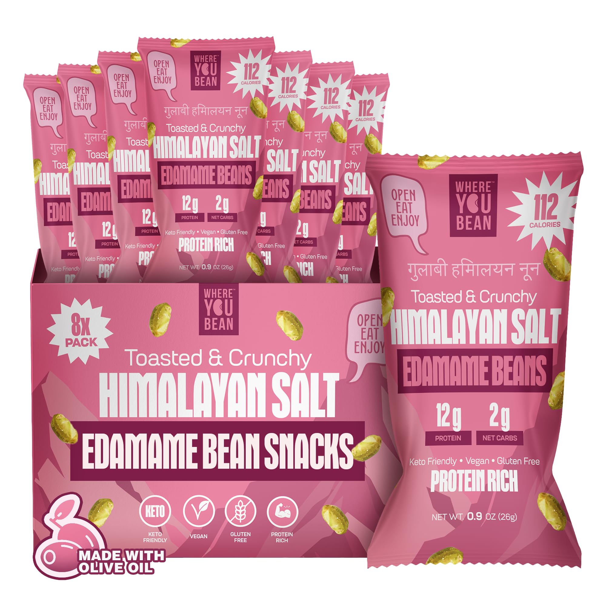 Where You Bean Himalayan Salt edamame in a resealable pack for on-the-go protein.