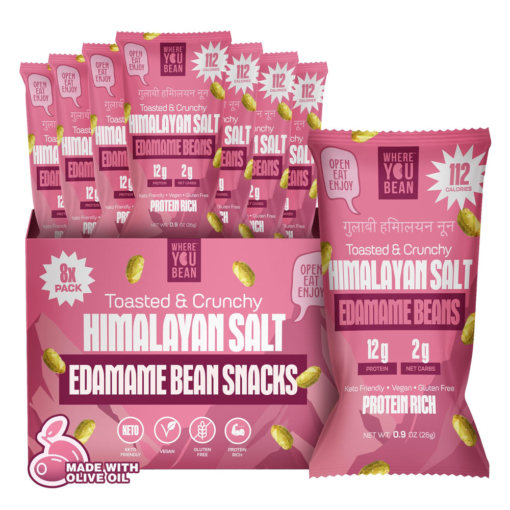 Where You Bean Himalayan Salt edamame in a resealable pack for on-the-go protein.