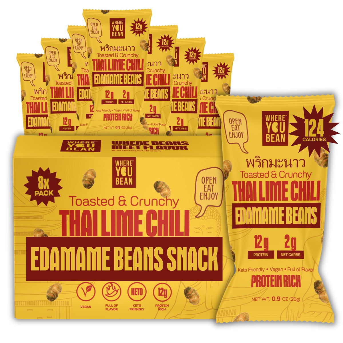 Where You Bean Thai Lime Chili edamame pack closeup highlights protein-rich snack