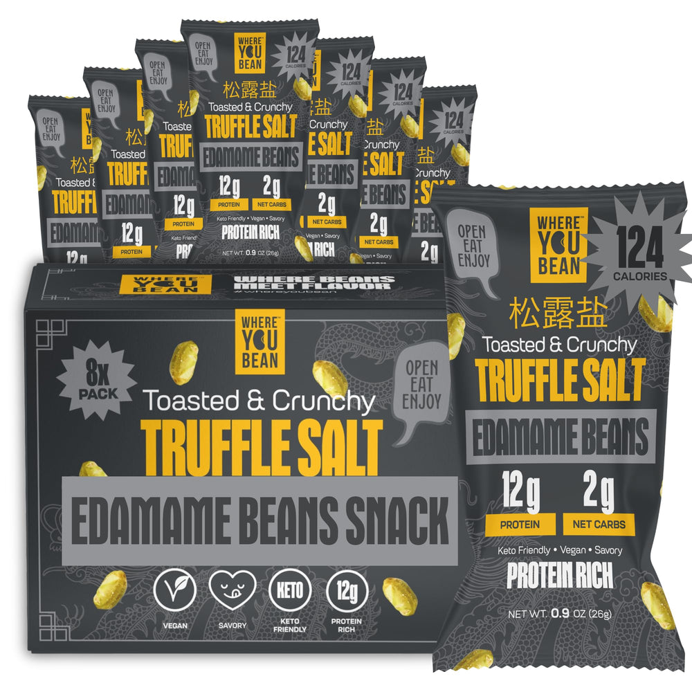 Where You Bean Edamame Truffle Salt snack pack 8, convenient protein boost.