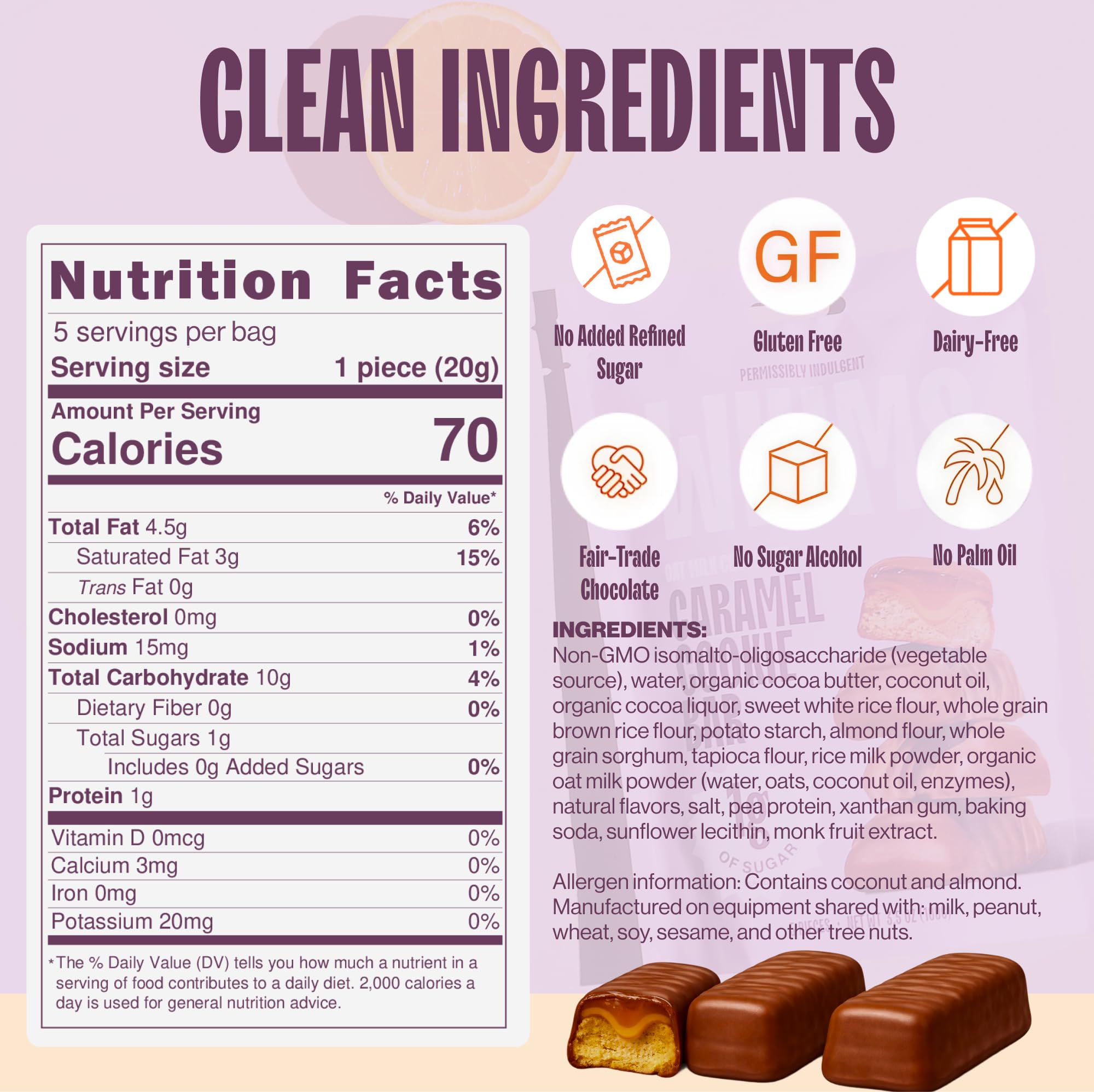 Whims Oat Milk Chocolate Caramel Cookie Bar closeup highlights creamy chocolate and caramel swirl.