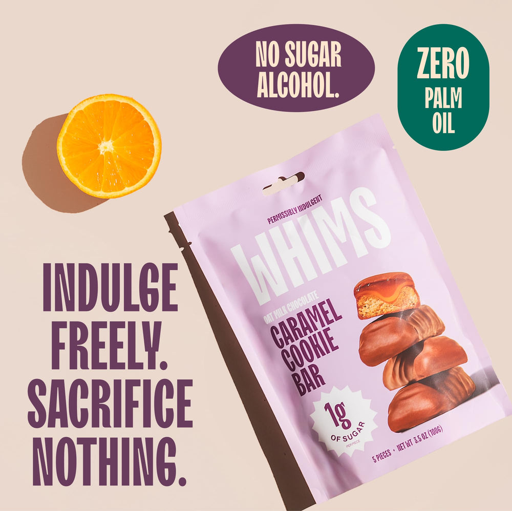 Whims Oat Milk Chocolate Caramel Cookie Bar swirls image emphasizes plant-based caramel and cookie crunch.