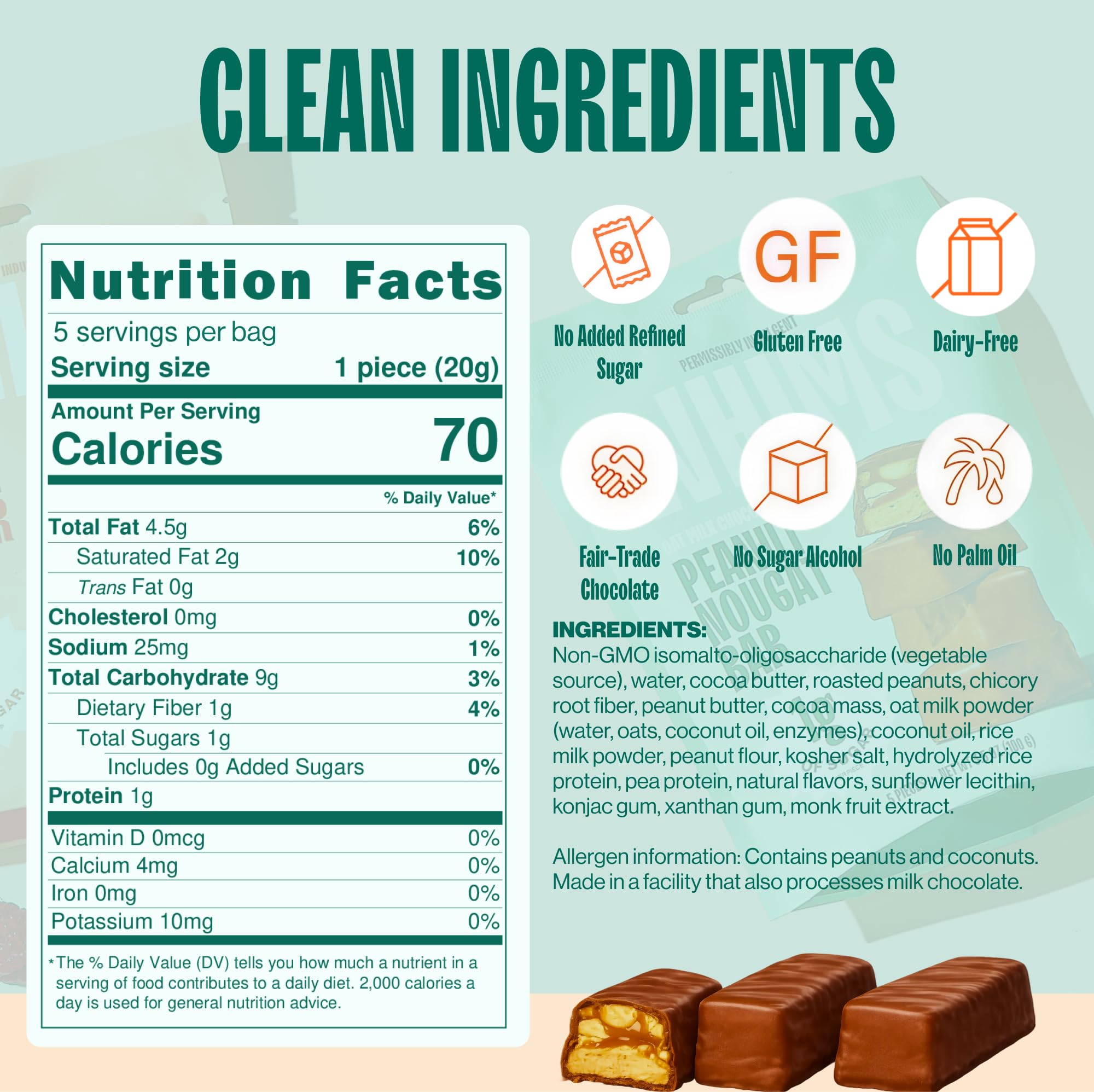 Whims Oat Milk Chocolate Peanut Nougat Bar close-up—rich flavor and creamy texture.