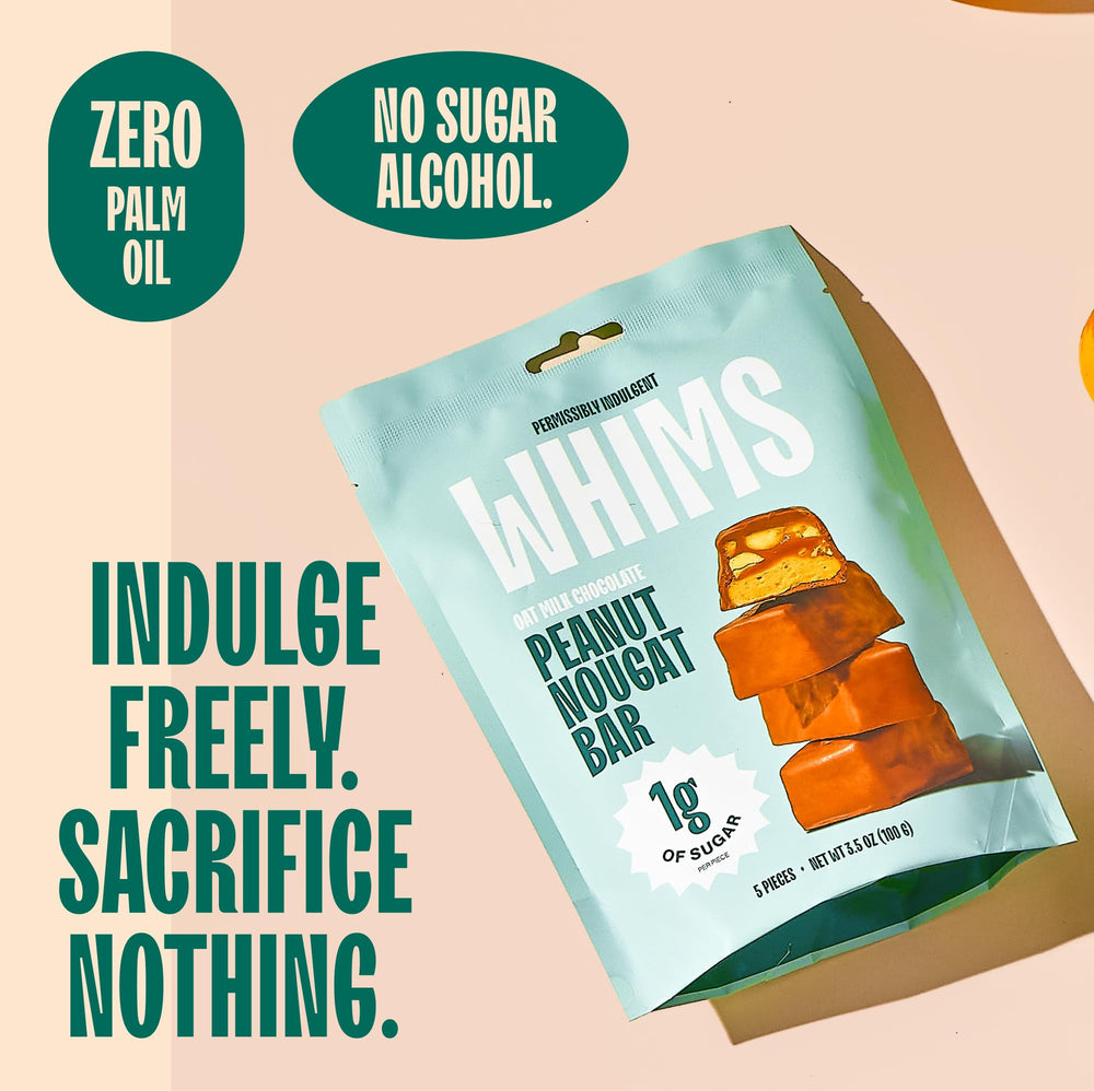 Whims Oat Milk Chocolate Peanut Nougat Bar foil-pack—ideal for lunchboxes.