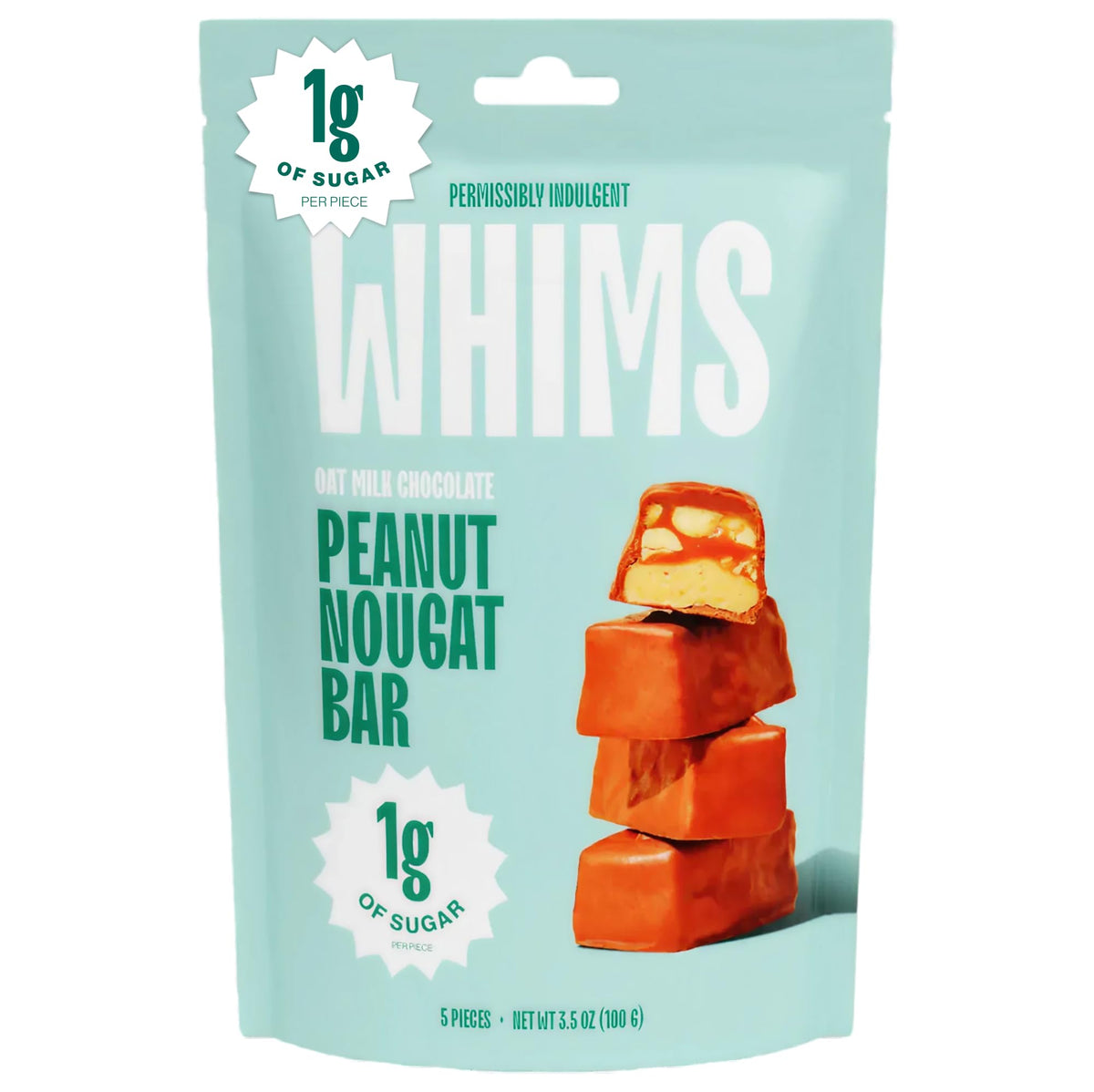 Whims Oat Milk Chocolate Peanut Nougat Bar wrapped—vegan indulgence with clean ingredients.