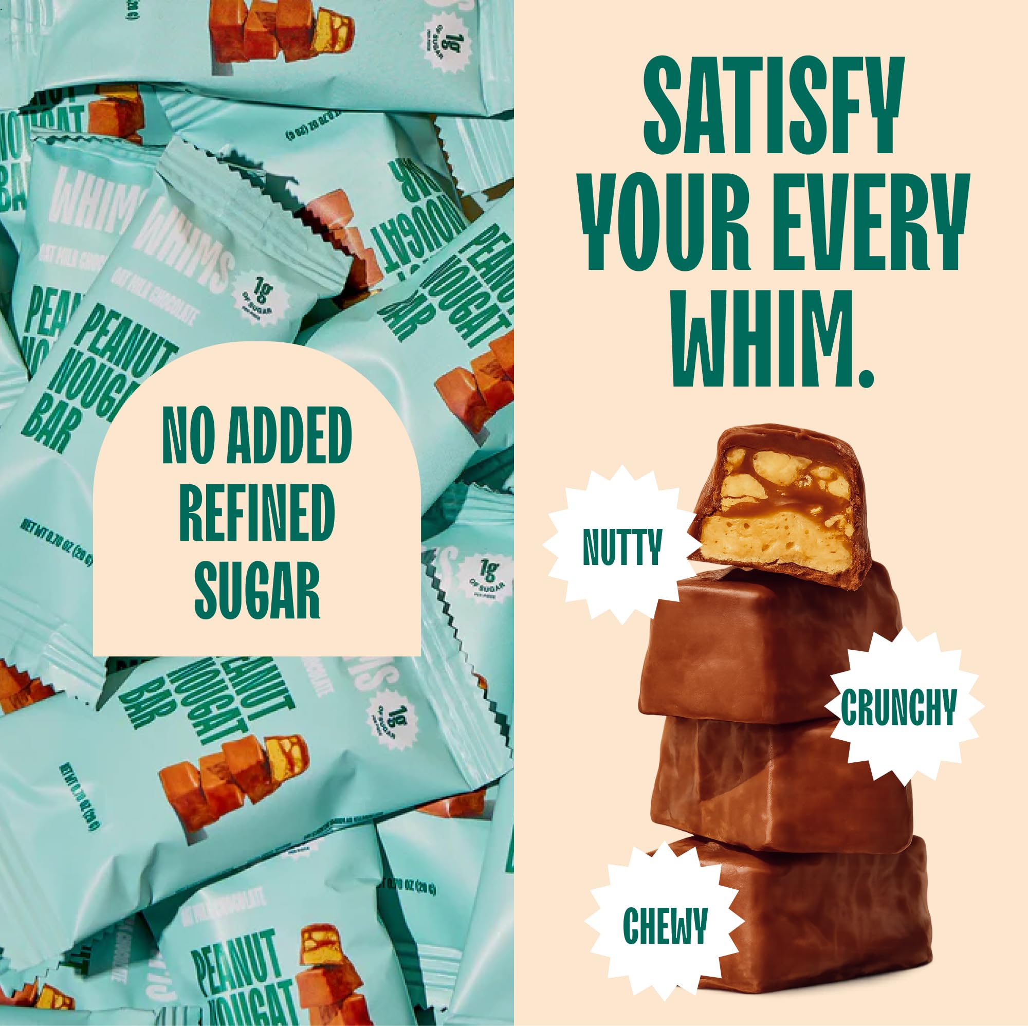Whims vegan nougat bar assembly—soft center and plant-based chocolate.